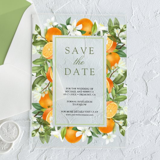 Tangerine Citrus Oranje bruiloft Save the Date Acryl Uitnodigingen