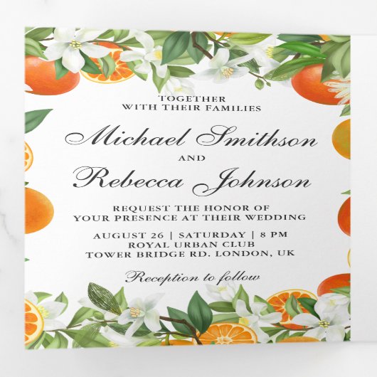 Tangerine Citrus Oranje Photo Collage Wedding Drieluik Uitnodiging (Binnenzijde eerst)