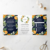 Tangerine Citrus Sinaasappel All in One Navy Wedde Drieluik Uitnodiging (Binnen)