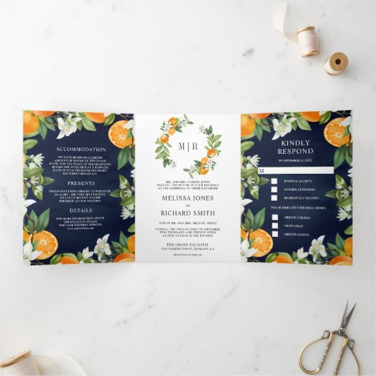 Tangerine Citrus Sinaasappel All in One Navy Wedde Drieluik Uitnodiging (Binnen)