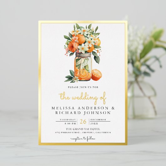 Tangerine Citrus Sinaasappel Mason Jar Wedding Gol Folie Uitnodiging (Staand Voorkant)
