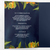 Tangerine Citrus Sinaasappel Orchard Navy Blue Bru Drieluik Uitnodiging (Binnenzijde eerst)