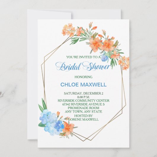 Tangerine en Blauwe Floral Lijst Vrijgezellenfeest Kaart (Voorkant)