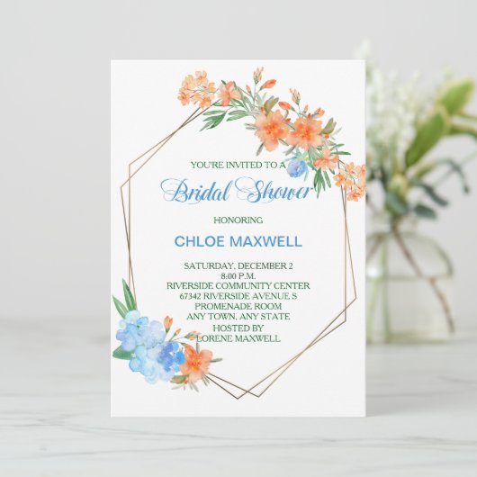 Tangerine en Blauwe Floral Lijst Vrijgezellenfeest Kaart (Staand voorkant)