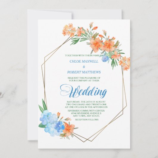 Tangerine en Blue Floral Lijst Wedding Kaart (Voorkant)