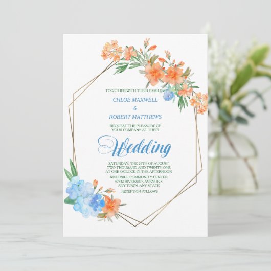 Tangerine en Blue Floral Lijst Wedding Kaart (Staand voorkant)
