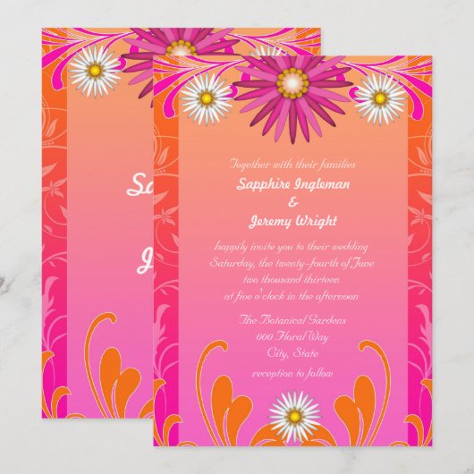 Tangerine en Hot Pink Bloemen Huwelijksuitnodiging Kaart (Voorkant / Achterkant)