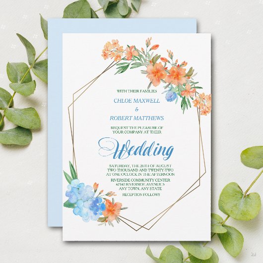 Tangerine en Light Blue Floral Lijst Wedding Kaart