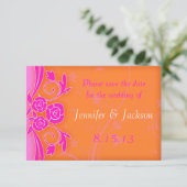 Tangerine en roze rozen bruiloft save the date (Staand voorkant)