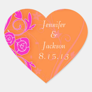 Tangerine en Roze Rozen Trouwstickers Hart Sticker