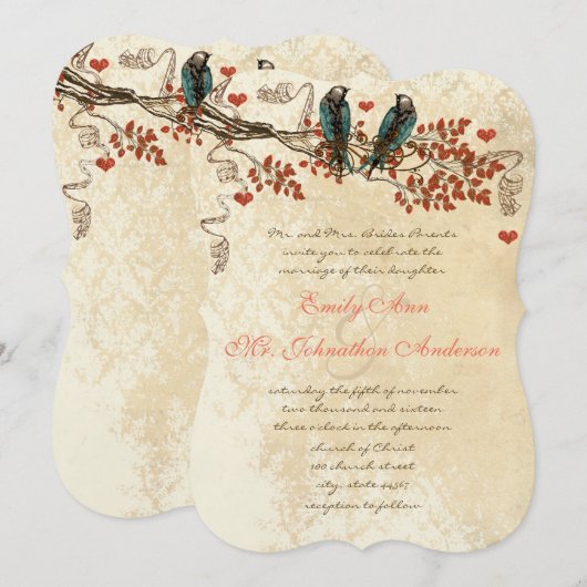 Tangerine Fall Leaves  Bird Wedding Invite Kaart (Voorkant / Achterkant)