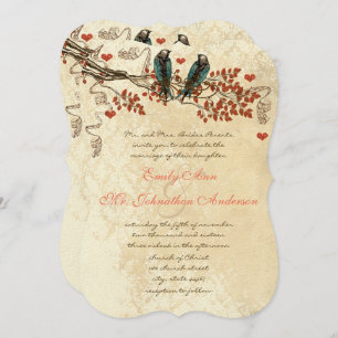 Tangerine Fall Leaves  Bird Wedding Invite Kaart