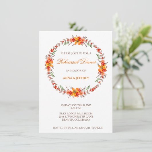 Tangerine Floral Wreath Wedding Rehearsal Dinner Kaart (Staand voorkant)