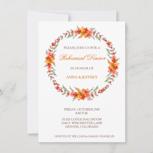 Tangerine Floral Wreath Wedding Rehearsal Dinner Kaart (Voorkant)