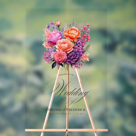 Tangerine, Hot-Pink & Royal Paarse bloemenbruiloft Acryl Bord (Neutraal)