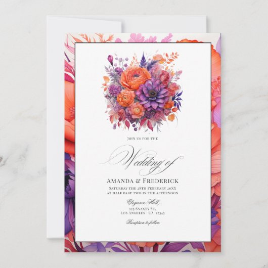 Tangerine, Hot-Pink & Royal Paarse bloemenbruiloft Kaart (Voorkant)