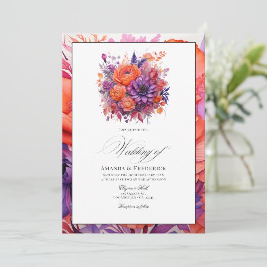 Tangerine, Hot-Pink & Royal Paarse bloemenbruiloft Kaart (Staand voorkant)