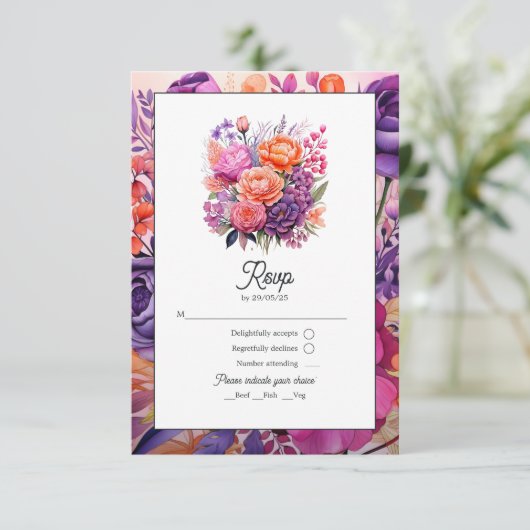 Tangerine, Hot-Pink & Royal Paarse bloemenbruiloft RSVP Kaartje (Staand voorkant)