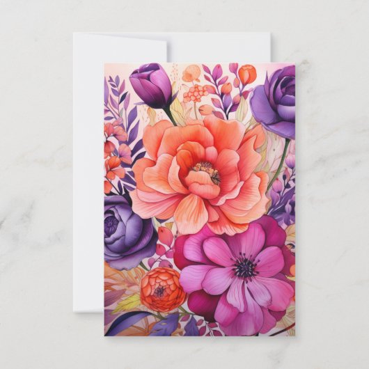 Tangerine, Hot-Pink & Royal Paarse bloemenbruiloft RSVP Kaartje (Achterkant)