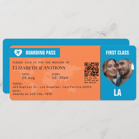 Tangerine & Lagoon Blue Boarding Pass Wedding Kaart (Voorkant / Achterkant)