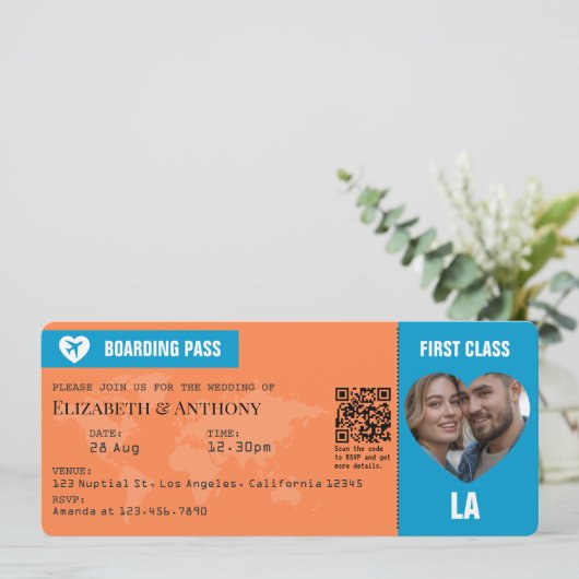 Tangerine & Lagoon Blue Boarding Pass Wedding Kaart (Staand voorkant)