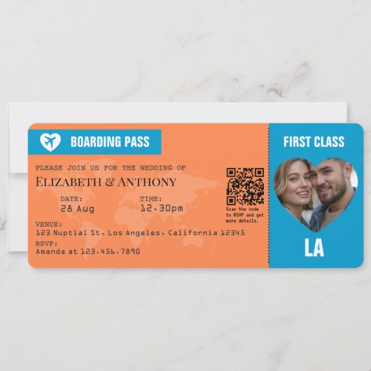 Tangerine & Lagoon Blue Boarding Pass Wedding Kaart (Voorkant)