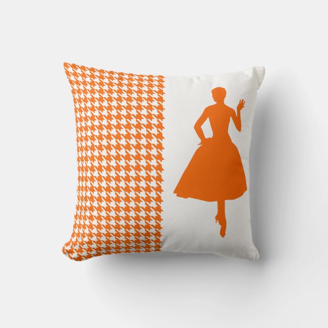 Tangerine Modern Houndstooth met Silhouette Kussen (Voorkant)