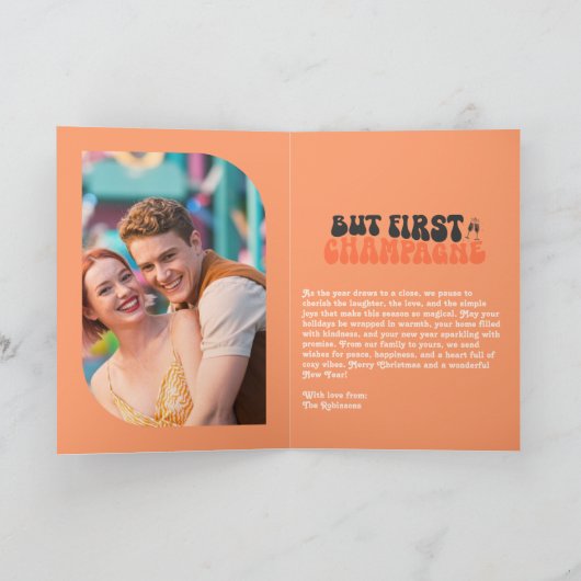 Tangerine Pop Champagne Retro New Year Photo Feestdagen Kaart (Binnen)