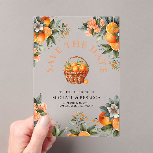 Tangerine Sinaasappel Citrus Wedding Save the Date Acryl Uitnodigingen (Insitu (Draagbaar))