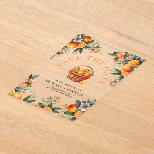 Tangerine Sinaasappel Citrus Wedding Save the Date Acryl Uitnodigingen (Laagn)