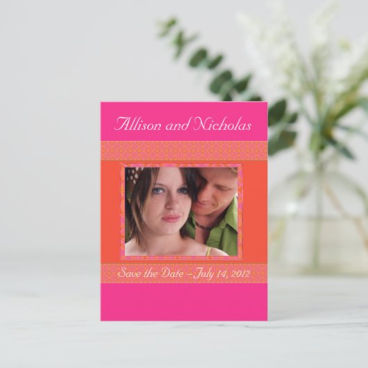 Tangerine Sinaasappel en Roze save date foto Aankondigingskaart (Staand voorkant)