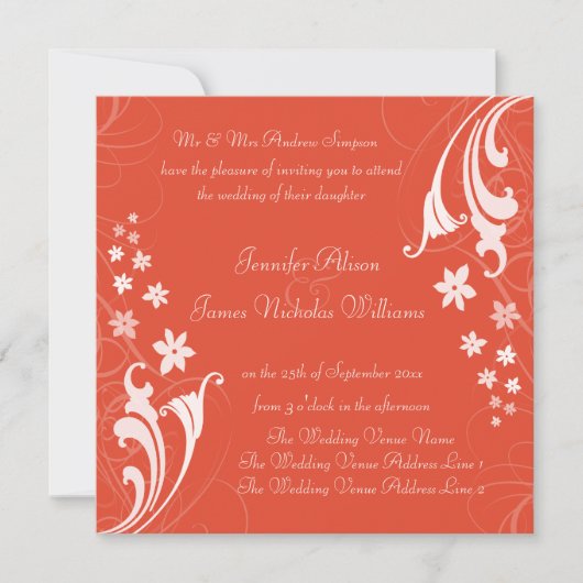 Tangerine Sinaasappel Floral Swirls Wedding Invitt Kaart (Voorkant)