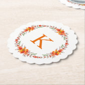 Tangerine Sinaasappel Floral Wreath Monogram Wedde Kartonnen Onderzetters (Gekanteld)
