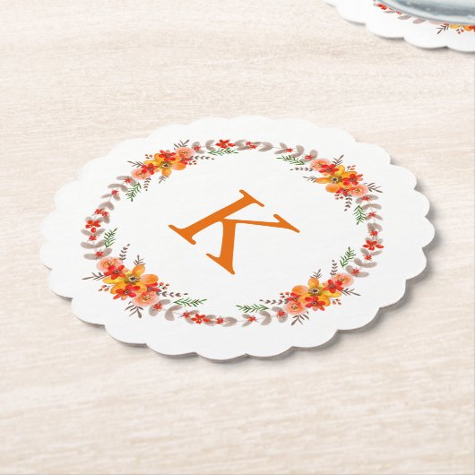Tangerine Sinaasappel Floral Wreath Monogram Wedde Kartonnen Onderzetters (Gekanteld)