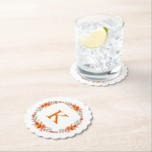 Tangerine Sinaasappel Floral Wreath Monogram Wedde Kartonnen Onderzetters (Insitu)