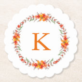 Tangerine Sinaasappel Floral Wreath Monogram Wedde Kartonnen Onderzetters (Voorkant)
