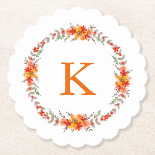 Tangerine Sinaasappel Floral Wreath Monogram Wedde Kartonnen Onderzetters