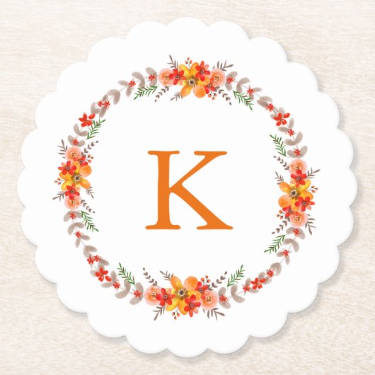 Tangerine Sinaasappel Floral Wreath Monogram Wedde Kartonnen Onderzetters (Voorkant)