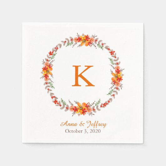 Tangerine Sinaasappel Floral Wreath Monogram Wedde Servet (Voorkant)