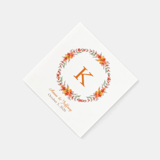 Tangerine Sinaasappel Floral Wreath Monogram Wedde Servet (Hoek)