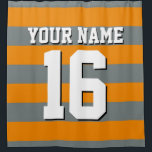 Tangerine Sinaasappel Houtskool Sport Jersey Strip Douchegordijn<br><div class="desc">Preppy Striped Team Jersey / Sports Jersey / Football Jersey / Rugby Jersey met aangepaste naam Pas dit aan met uw eigen naam of teamnaam en een nummer. U kunt de grootte, de kleur en de plaatsing van de tekst wijzigen als u wijzigingen moet aanbrengen, de kleur van de tekstschaduw...</div>