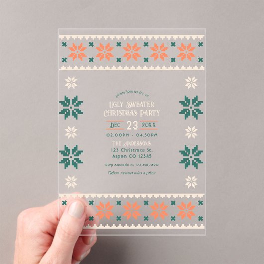 Tangerine Spruce Ugly Sweater Christmas Party Acryl Uitnodigingen (Insitu (Draagbaar))