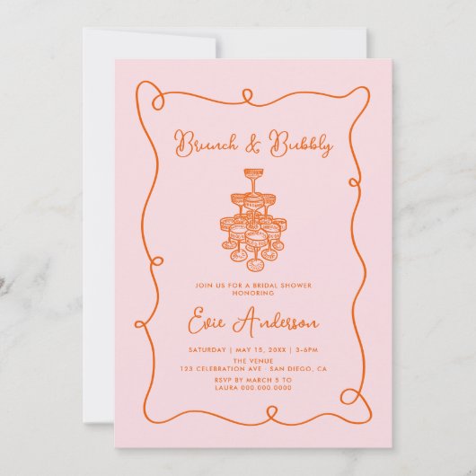 Tangerine Squiggle Brunch en Bubbly Vrijgezellenfe Kaart (Voorkant)
