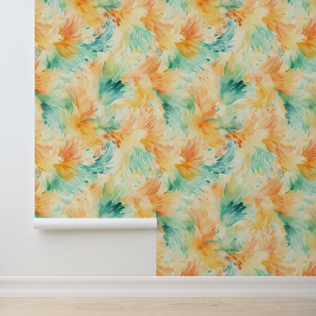 Tangerine Turquoise Abstract Bloemen Behang (Applicatie)