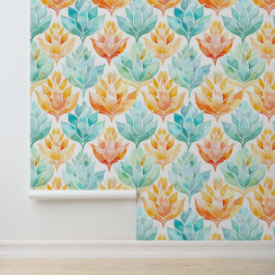 Tangerine Turquoise Abstracte Bloemen Behang