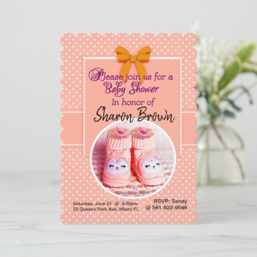 Tangerine & White Polka Dot Baby shower Uitnodigin Kaart (Staand voorkant)
