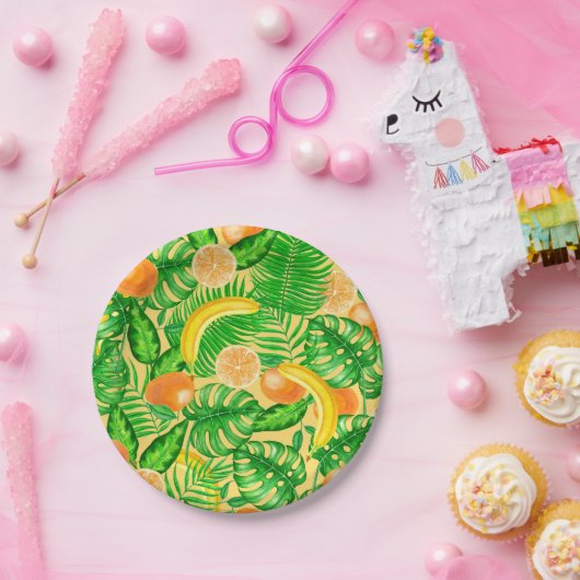 Tangerines, bananen en tropische bladeren papieren bordje (Feest)