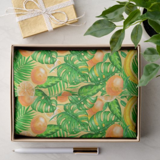 Tangerines, bananen en tropische bladeren tissuepapier (Geschenk)