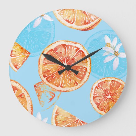 Tangerines Waterverf: Blauw Luxe Stof Grote Klok (Voorkant)