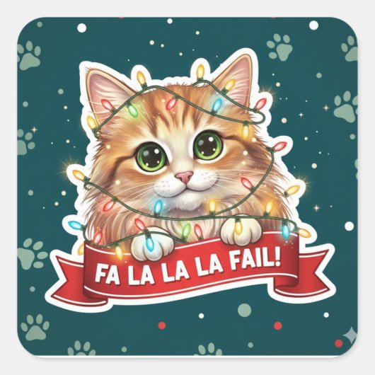 Tangled Christmas Lights Cat Sticker – Cute cat (Voorkant)